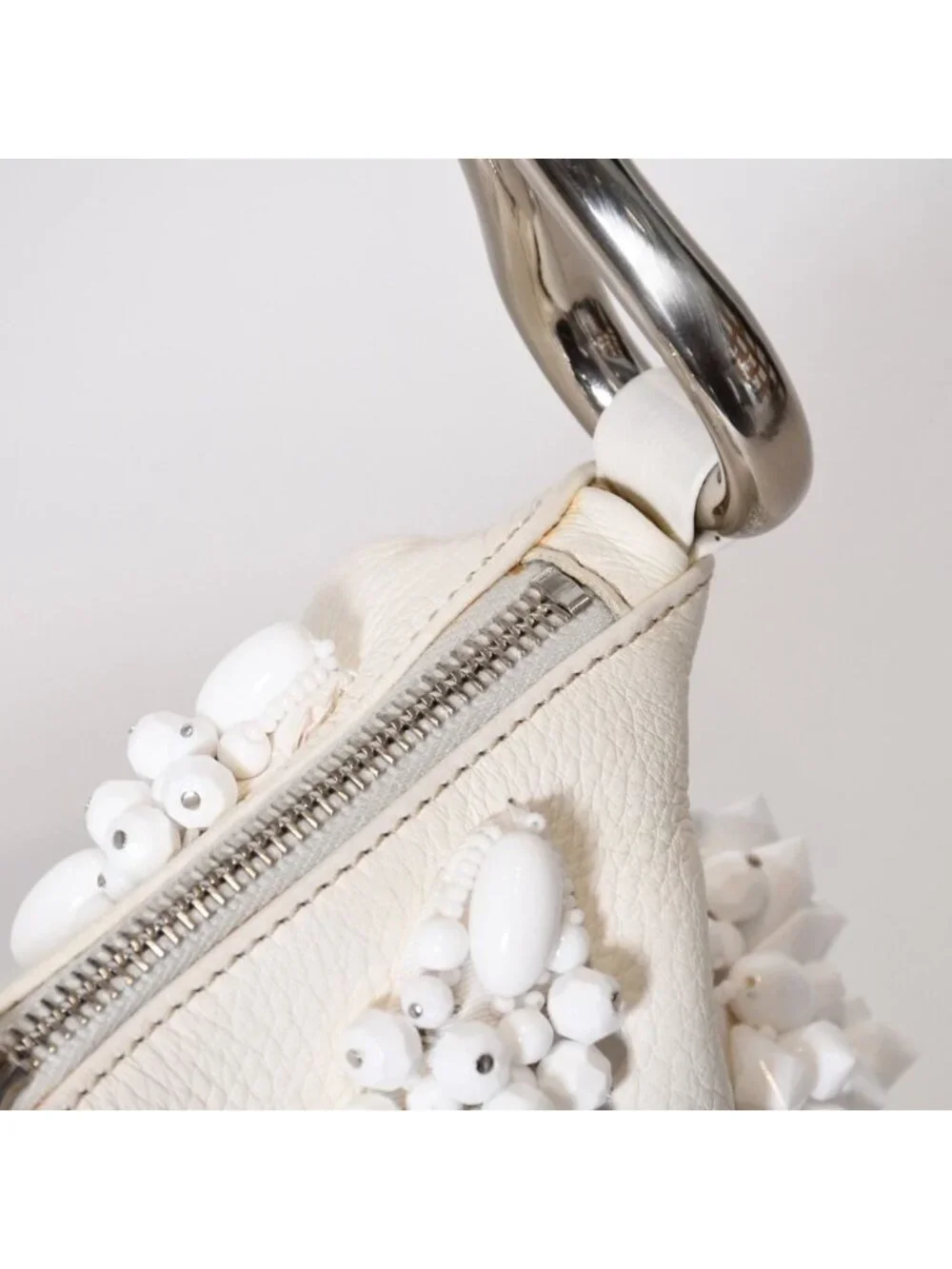 Prada Hobo Handbag Beads Leather White